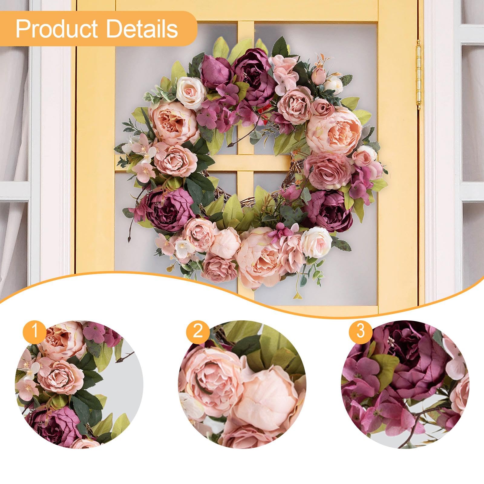 Milageto Ghirlanda primaverile per porta d'ingresso, fiori di artificiali, ghirlanda da 40 cm per matrimonio, finestra, soggiorno, Capodanno, Pasta di Fagioli Viola