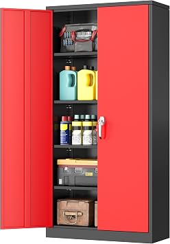 INTERGREAT Metal Garage Storage Cabinet with Lock, 72" Storage Cabinet with Locking Doors and 4 Adjustable Shelves, Lockable Steel Tool Cabinet for Home Office, School, Black Red