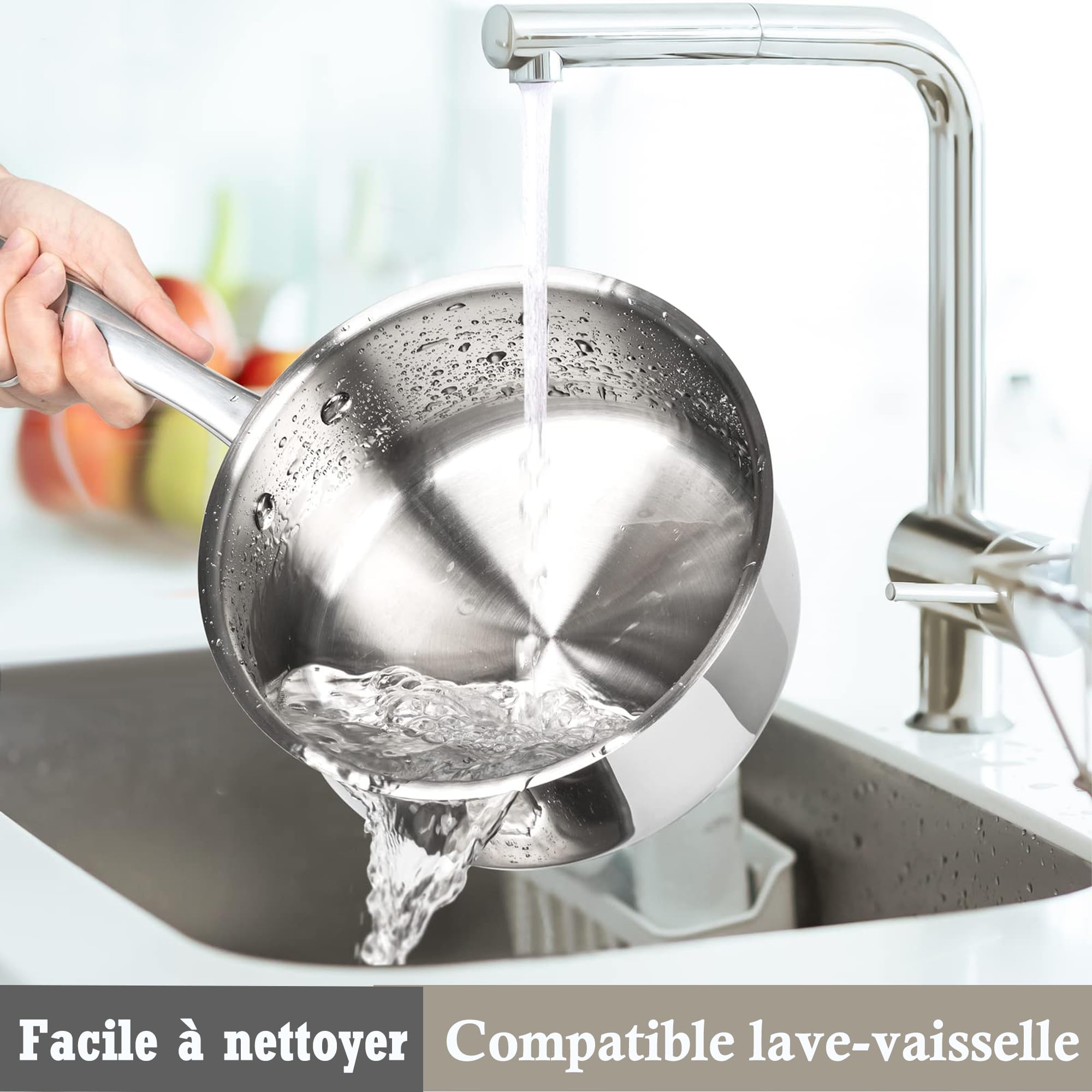 Ensemble de Casseroles et Poêles en Acier Inoxydable, 6 Pièces, Set de Batterie de Cuisine Antiadhésif Compatible Induction/Électrique et Gaz, Antiadhésif, Sûr au Four et Lave-vaisselle