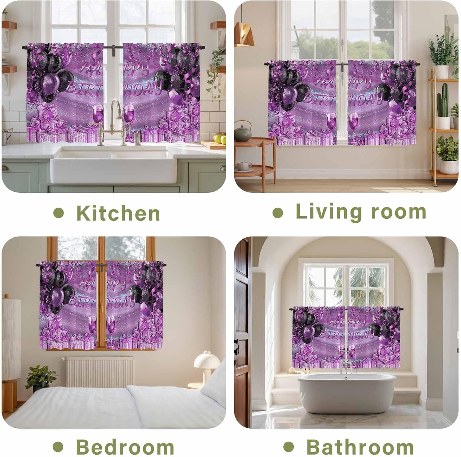 Happy Birthday Purple Kitchen Curtains, Gifts Balloons Goblet Shinning Glitter Ribbons Light Filtering Window Curtain, 2Pcs Rod Pocket Window Treatments Set for RV Dining Room Study Room 42x45 Inches
