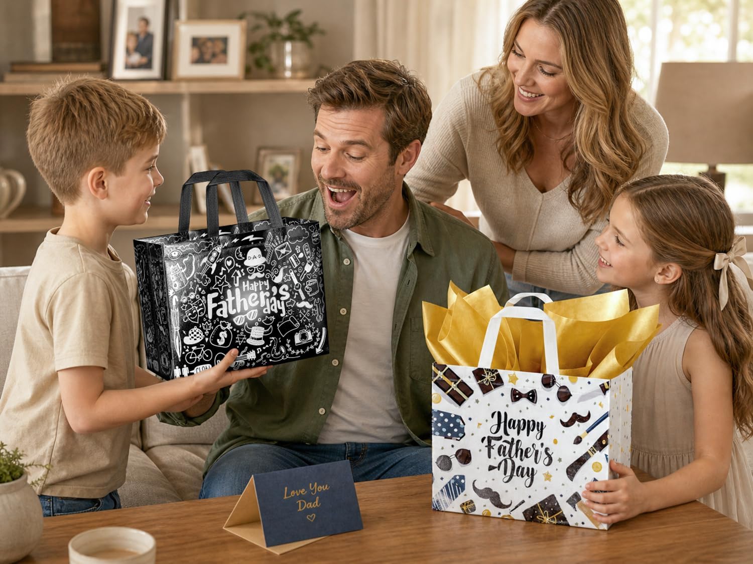 JWSCYSY 12.6" Father's Day Bag with Tissue Papers and Card, 2Pcs Large Reusable Non-Woven Gift Bags with Handles, Happy Father's Day Bag for Men, Husband, Dad, Grandfather (Black, White)