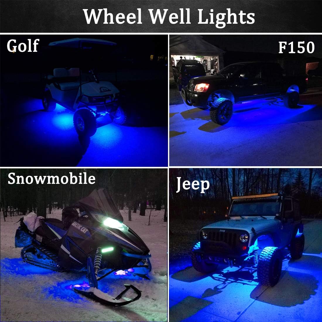 Botepon 8Pcs Led Rock Lights, Strip Lights, Wheel Well Lights, Led Underglow Kit for Golf Cart, Jeep Wrangler, RZR, Offroad, F150, F250, Snowmobile (Blue)