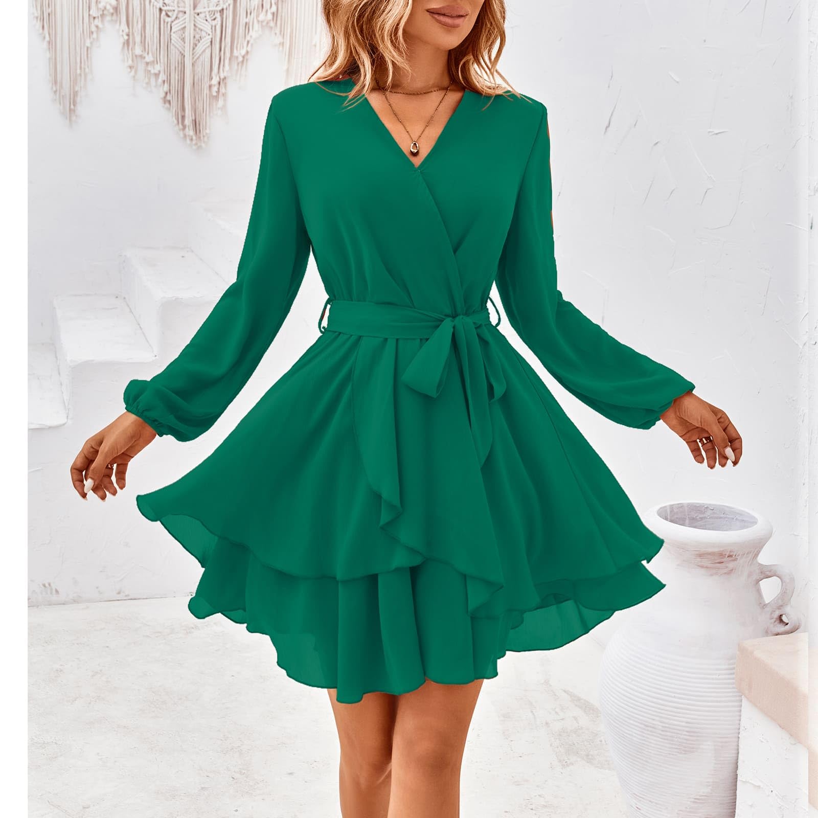 TcIFE Vestidos de Mujer Casual con Cuello en V de Manga Larga y Colores Sólidos, Sexy Mini Elegantes Ajustado Fiesta para Bodas Vestido