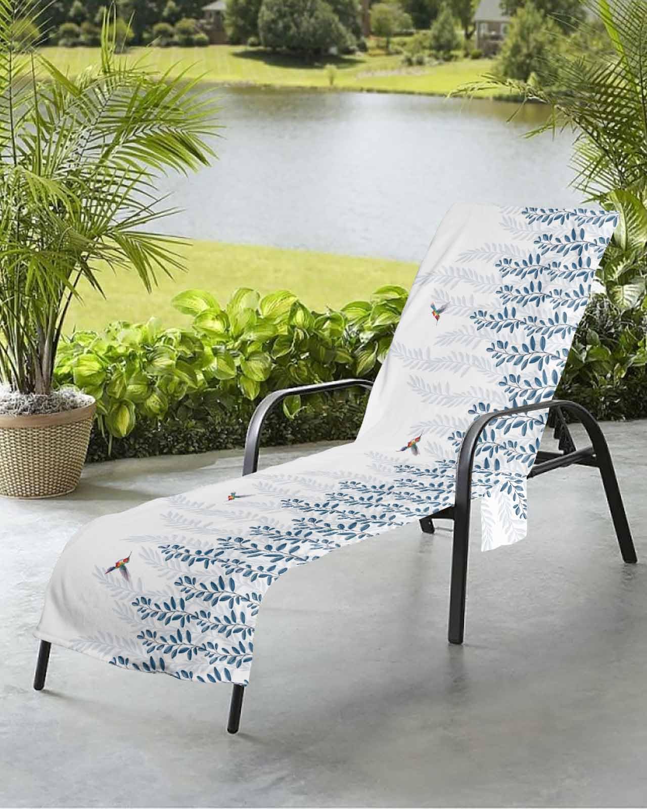 Beach Pool Patio Lounge Chaise Chair Cover Towel with Pockets,Geometric Leaves Absorbent & Quick Dry Microfiber Towel Cover Bag Summer Travel Accessories Spring Botanical Birds Modern White