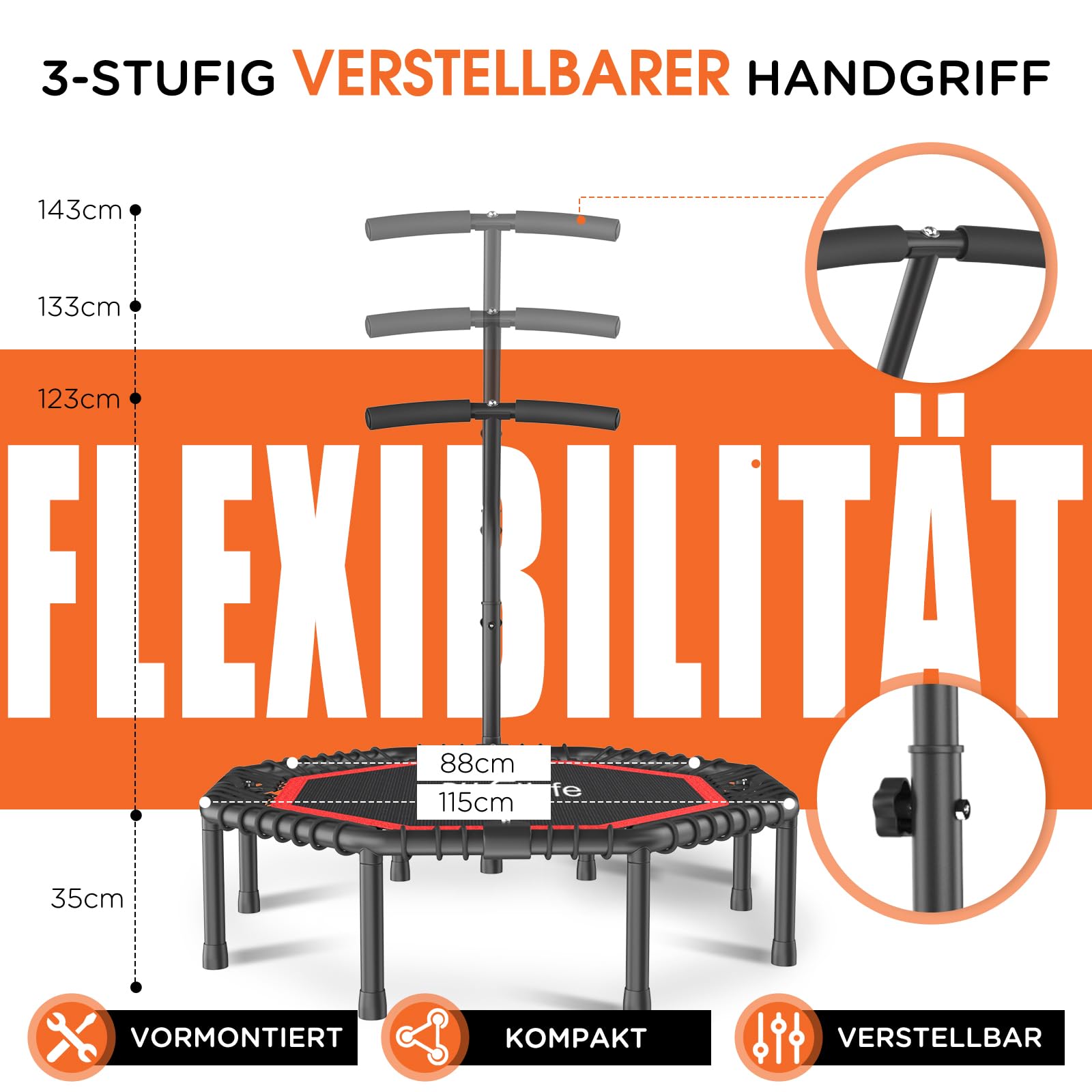 DH FitLife Fitness Trampolin klappbar Leise Gummiseilfederung ohne Installation | 45/50 Zoll Trampoline für Indoor & Outdoor Jumping | 115/128cm mit 3 verstellbaren Handgriffstufen