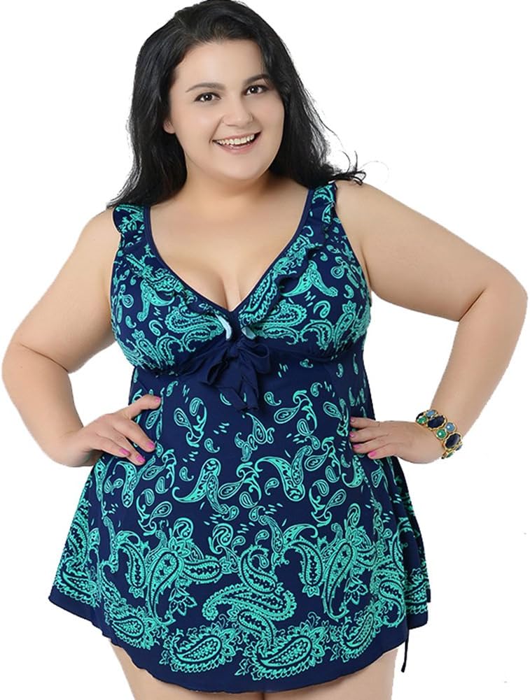 Women's Plus Size Swimsuit Floral Butterfly Printed Swimdress Two Piece Tankini Butterfly in Navy US 16-18W