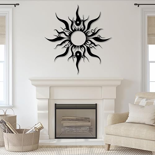 Miniatura 7 de Hotuijxca Arte de pared de sol loco de metal, decoración de metal con sol loco para sala de estar, dormitorio (negro, 28 x 27 pulgadas27.6 x 26.4