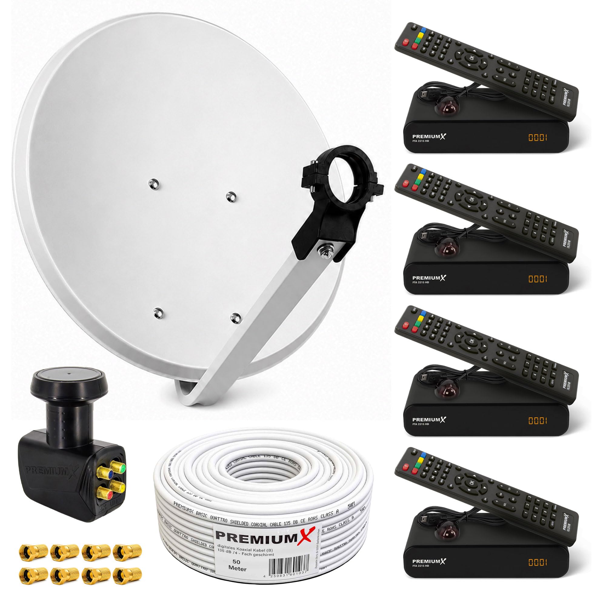 PremiumX Satelliten-Komplettanlage 4 Teilnehmer 60cm Antenne Hellgrau Quad LNB 50m Kabel 4X HD TV SAT-Receiver HDMI-Kabel