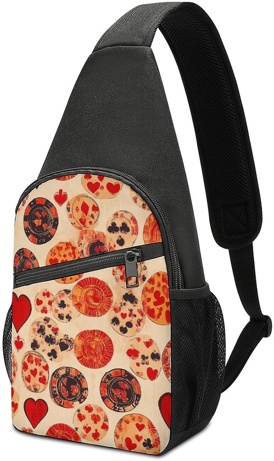 Poker Chips Spades Hearts Crossbody Sling Backpack Chest Bag Daypack | unisex,trendy,with convertible and detachable shoulder strap,side pockets