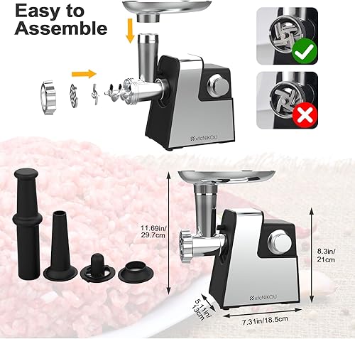 Miniatura 6 de Picadora de carne eléctrica, relleno de salchichas máximo de 2800 W, picadora de carne de acero inoxidable con 2 cuchillas, 3 platos, tubo