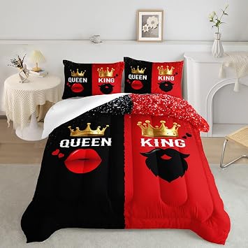 AILONEN King and Queen Comforter Set, Red and Black Crown Queen Comforter Set for Couples,Romantic Mouth and Beard King Queen Comforter with 2 Pillowcases,3 Piece