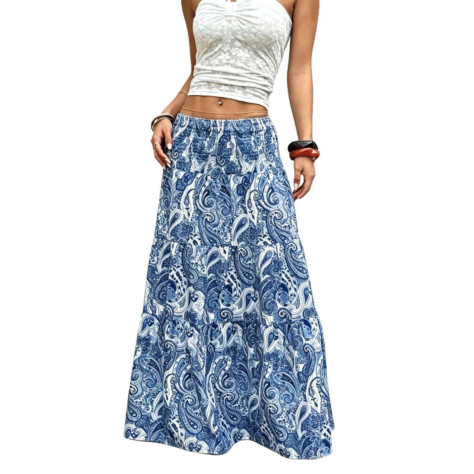 DUddTTW Women's Maxi Skirts A-line High Waisted Midi Long Skirt Printed Floral(Wei�,Lagre)