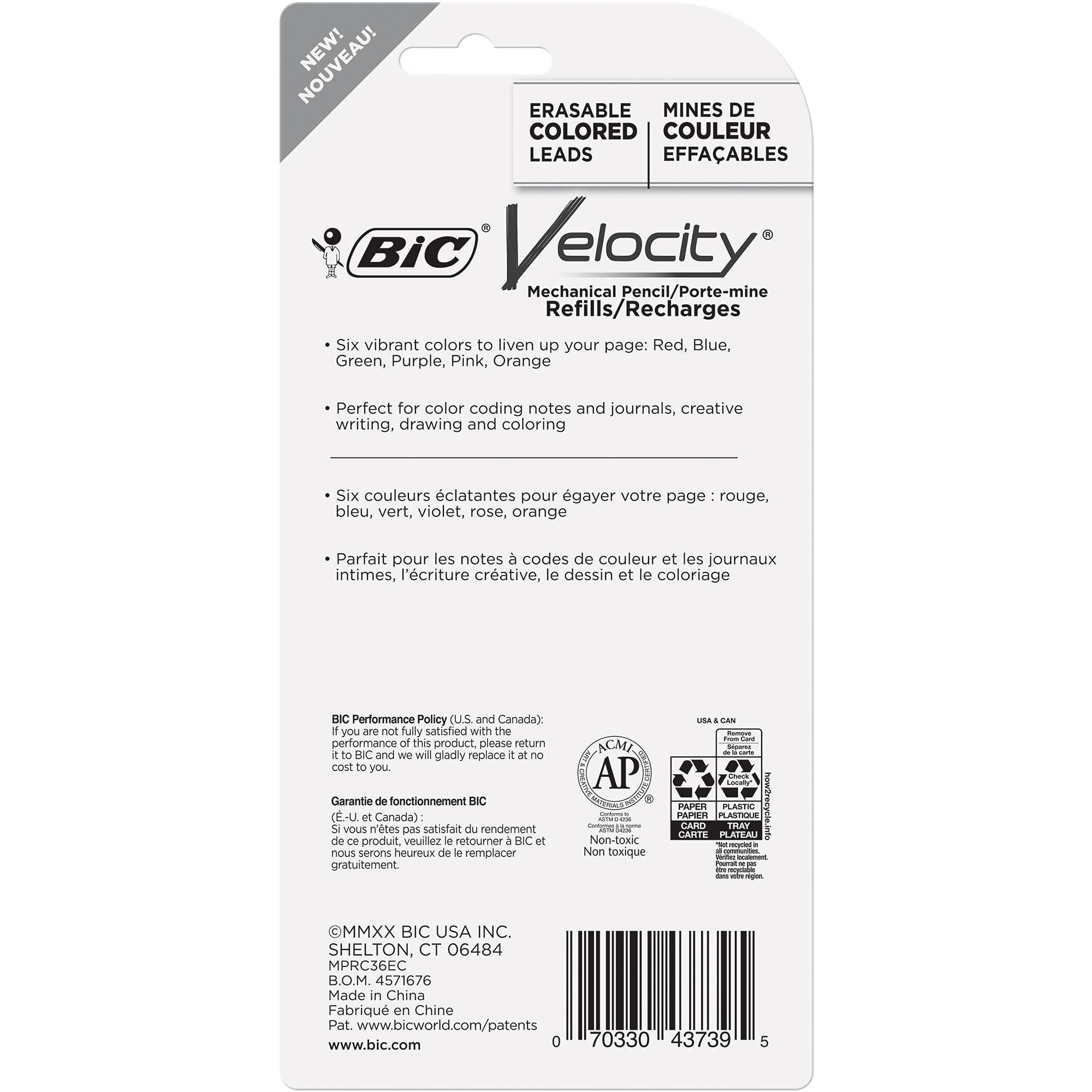 BIC Velocity Colored Lead Mechanical Pencil Refills, Medium Point (0.7mm), Assorted Colors, 36-Count Pack