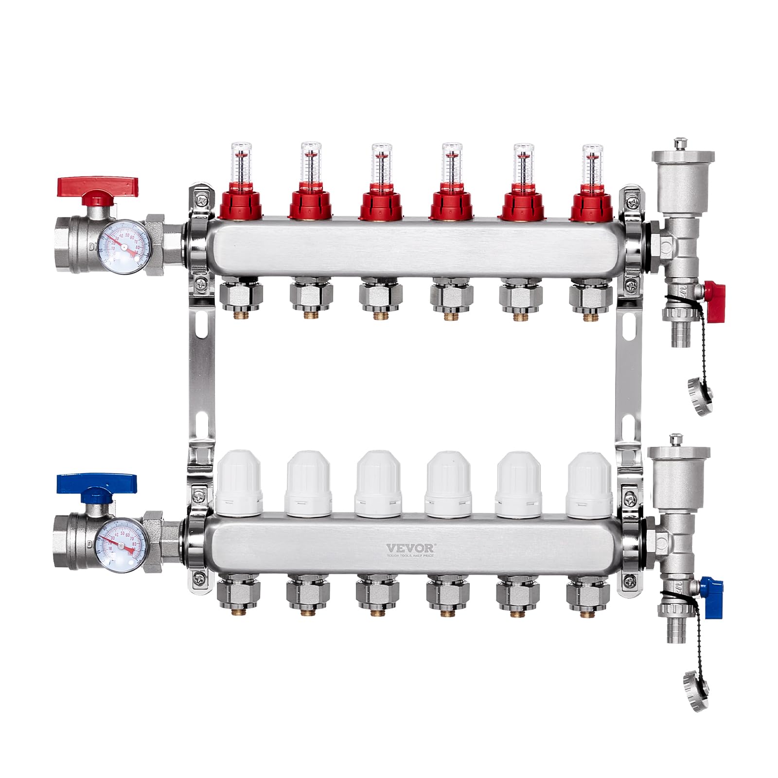 VEVOR Colector de Calor Radiante de 6 Derivaciones, Colector de Tubería PEX de Acero Inoxidable SUS304 para Calefacción por Suelo Radiante Hidrónico, con Adaptadores, 490 x 370 x 110 mm, 0-5 L/min