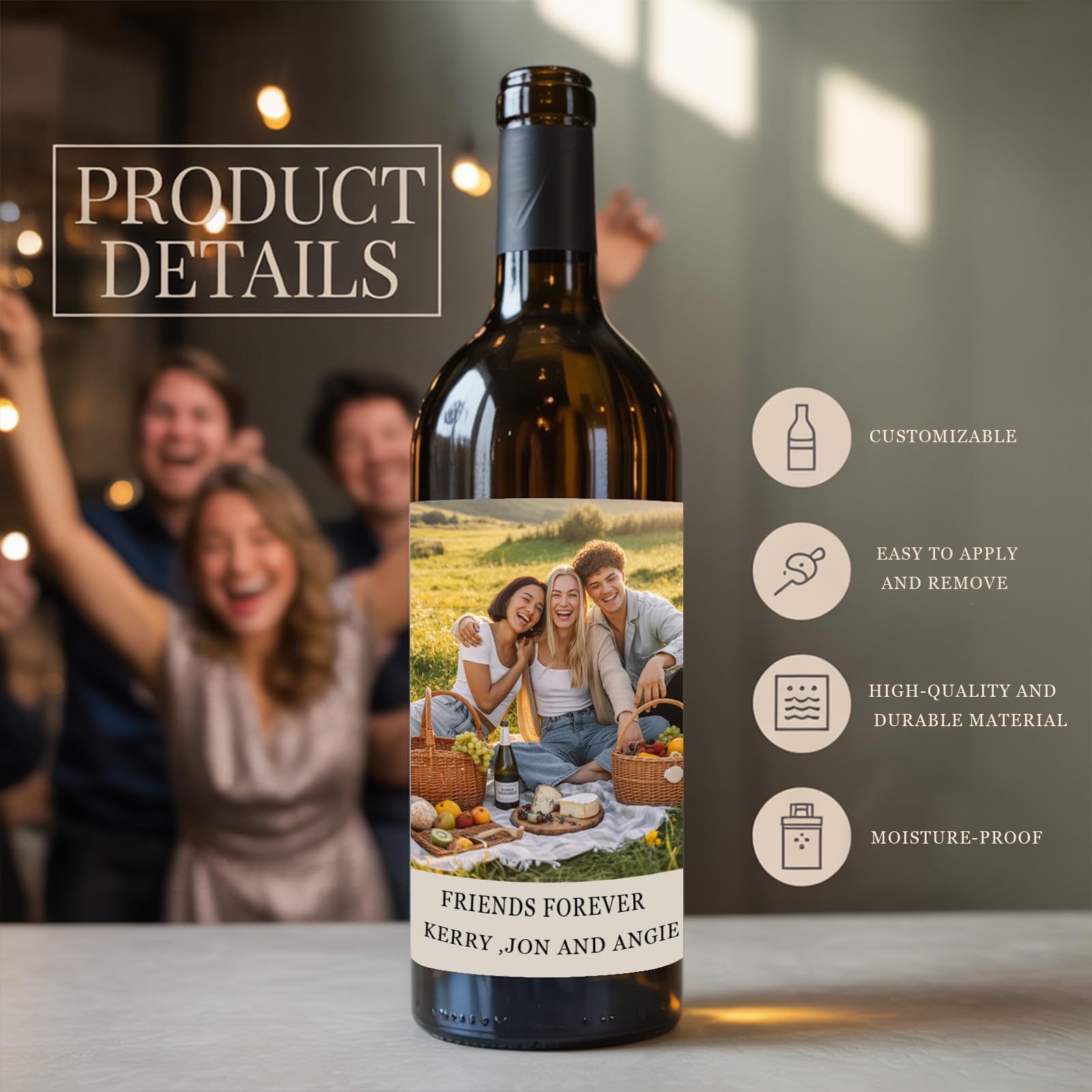 Custom Wine Bottle Labels - Personalised 4~96 pcs Waterproof Stickers for Wine, Champagne and Spirits Bottles - Perfect for Weddings, Birthdays, Holidays and Events