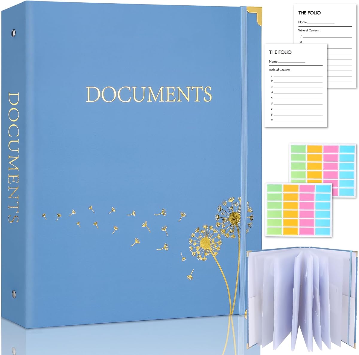 Organizador de documentos importantes Carpeta de 3 anillas Carpetas tipo folio para papeles | Soporte de almacenamiento de archivos expandible, carpeta de emergencia, organizador de vida con 9 bolsillos, etiquetas para archivos, facturas, pasaportes y fotos, color azul