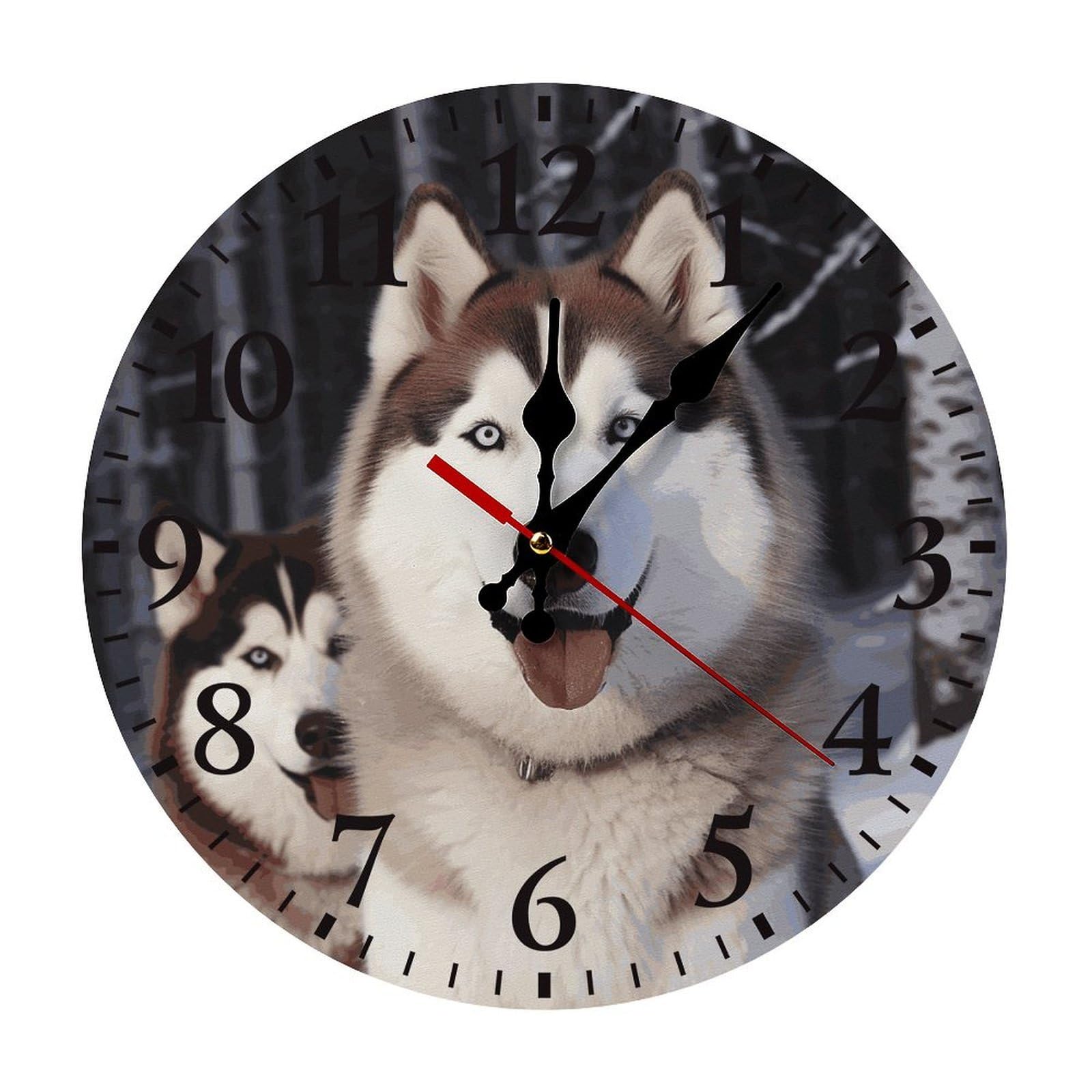 QMNLKH Huskies Wall Clock for Home, Battery Operated Clock for Hotel, Round Wall Clock with Arabic Numerals Black, Easy to Read, Non-Ticking Clocks for Living Room 25 * 25cm