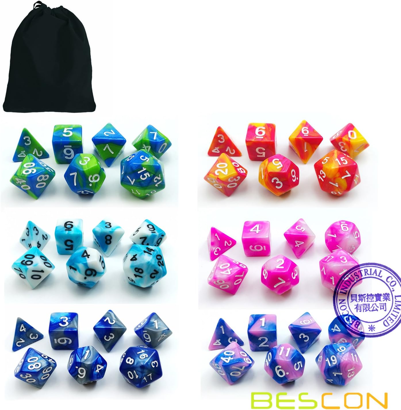 Bescon 6X7 42pcs Polyhedral Dice Set-6 Unique Two-Tone Gemini Polyhedral 7-Die Sets with Pouches for Dungeons and Dragons DND RPG MTG Dice Set of 7 d4 d6 d8 d10 d12 d20 d%