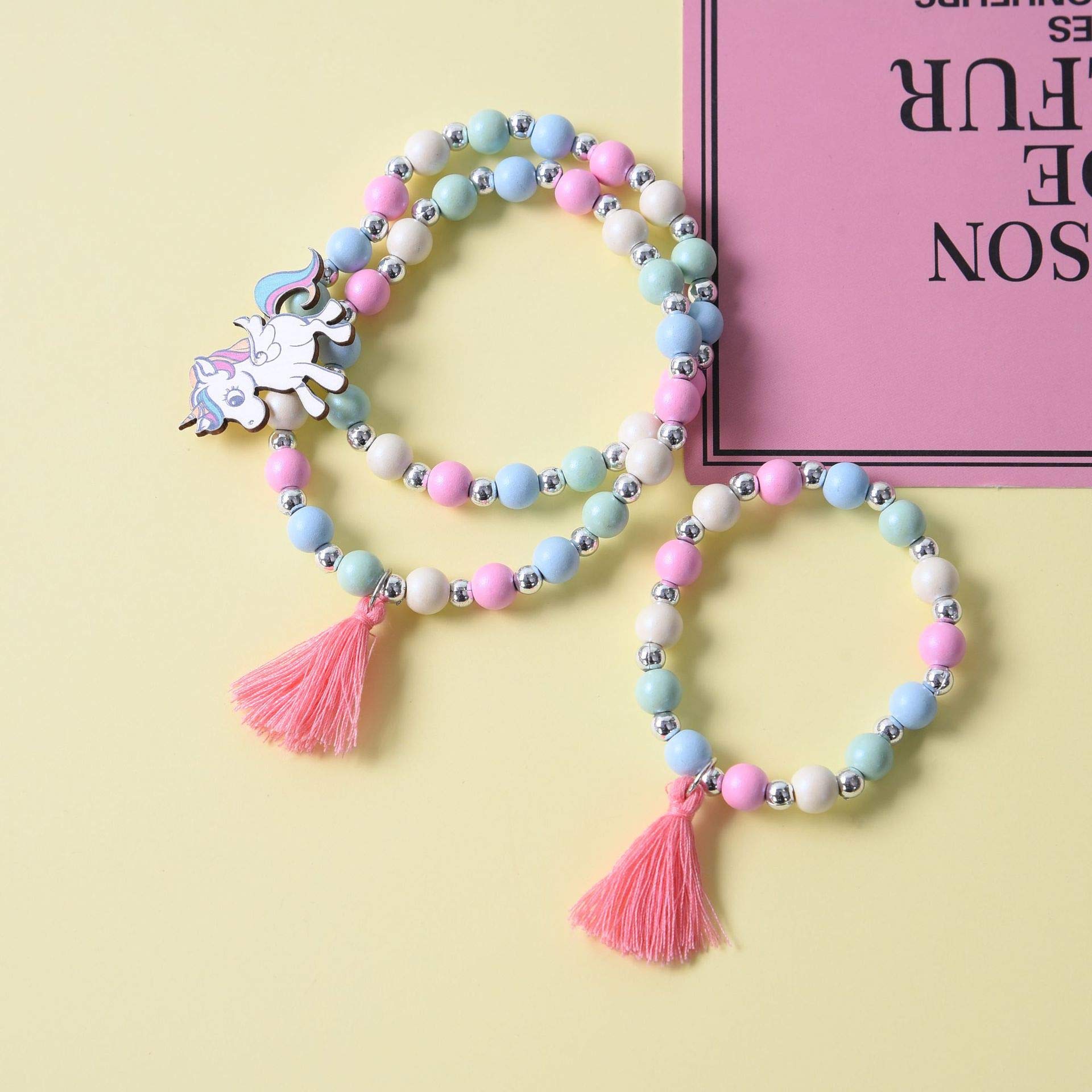 El Regalo Kids/Toddlers/Girls Wooden Beads Handmade Necklace & Bracelet Jewelry Sets (1 Necklace & 1 Bracelet) : Kids Princess Jewelry Set (Unicorn Teasel Jewelry Set) 1