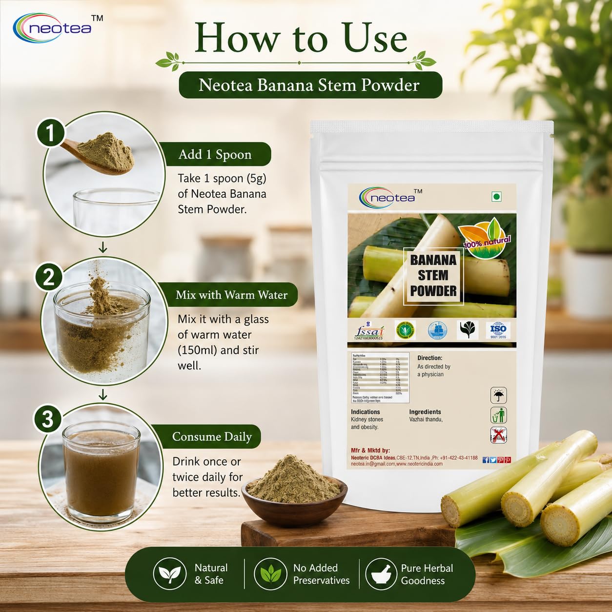 Neotea Banana Stem Powder | Rich in Fiber for Weight Loss & Digestive Health | Vazhai Thandu | Musa Acuminata | Kele Ka Tana Unnipindi | Natural Detox, High in Potassium & Vitamin B6 | Pure and Organic 50 GM Pack Of 10 — Amazon image 5