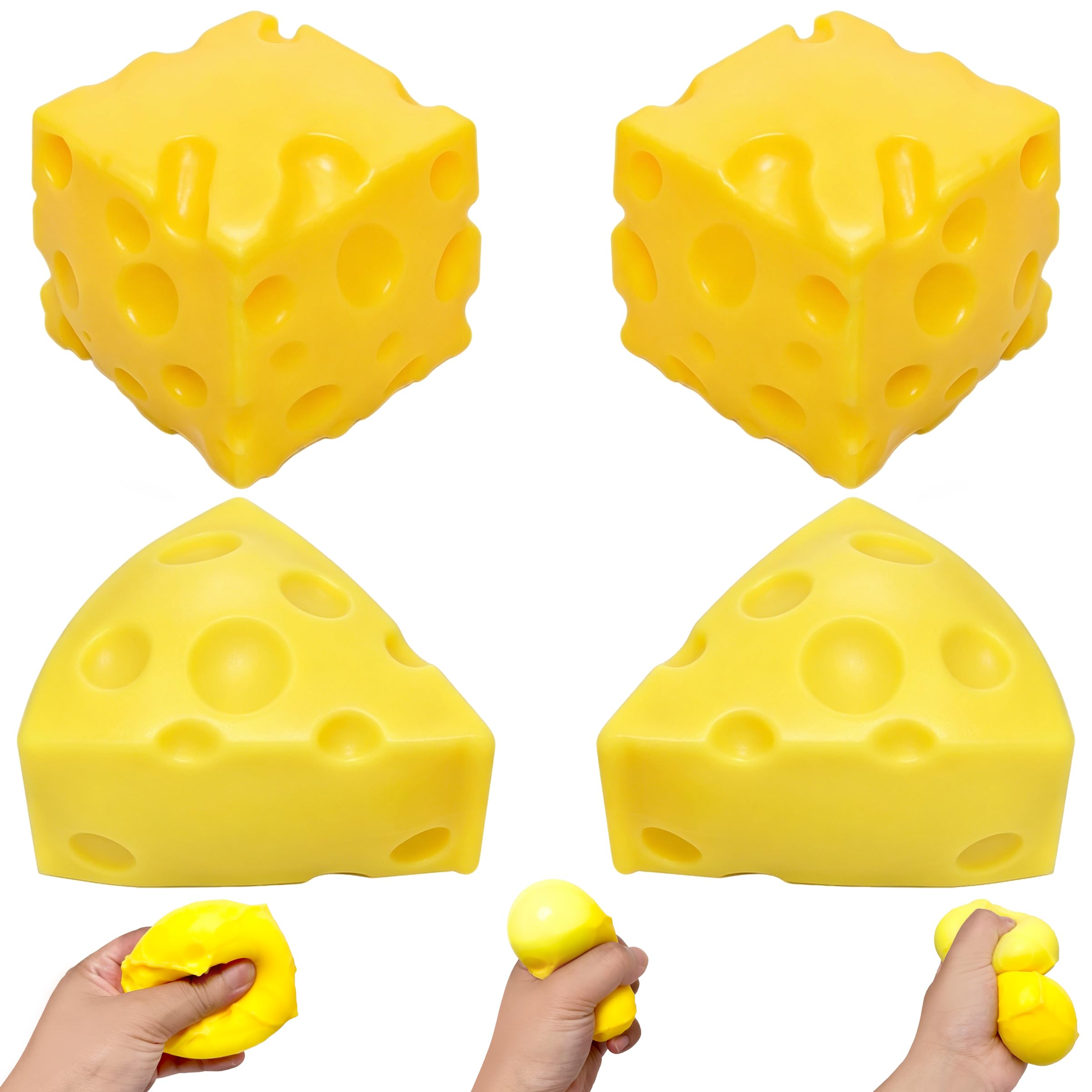 PICKSMOCUB Cheese Squishy 4 Pack Set 2 Triangular & 2 Square Soft Squeeze Toys Realistic Big Cheese Squishy Stress Relief Fidget Toy for Anxiety Relief Sensory Play for Kids and Adults