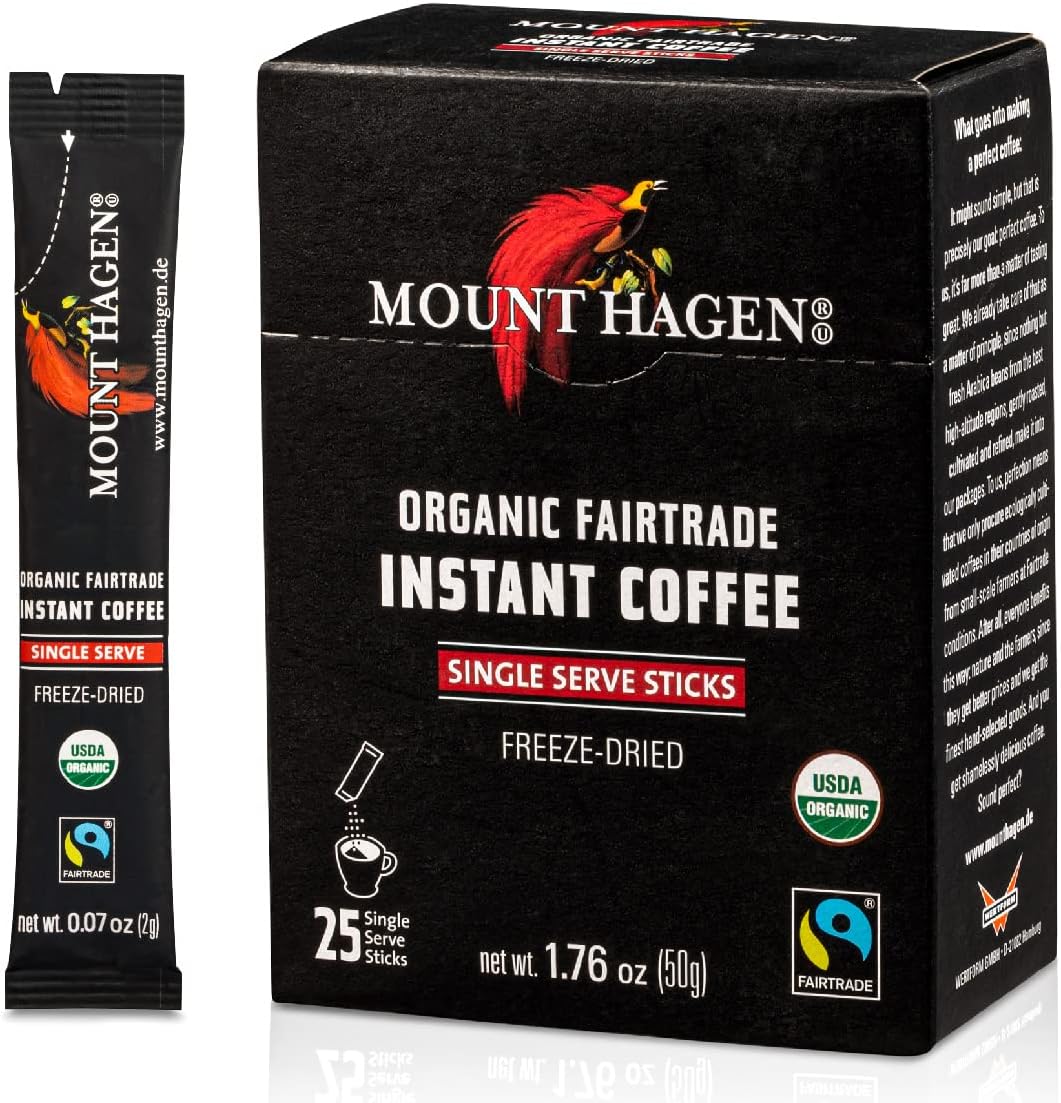 Mount Hagen 25 Count Single Serve Instant Coffee Packets | Organic Medium Roast Arabica Beans | Eco-friendly, Fair-Trade [25 sticks/1.76oz/50g]