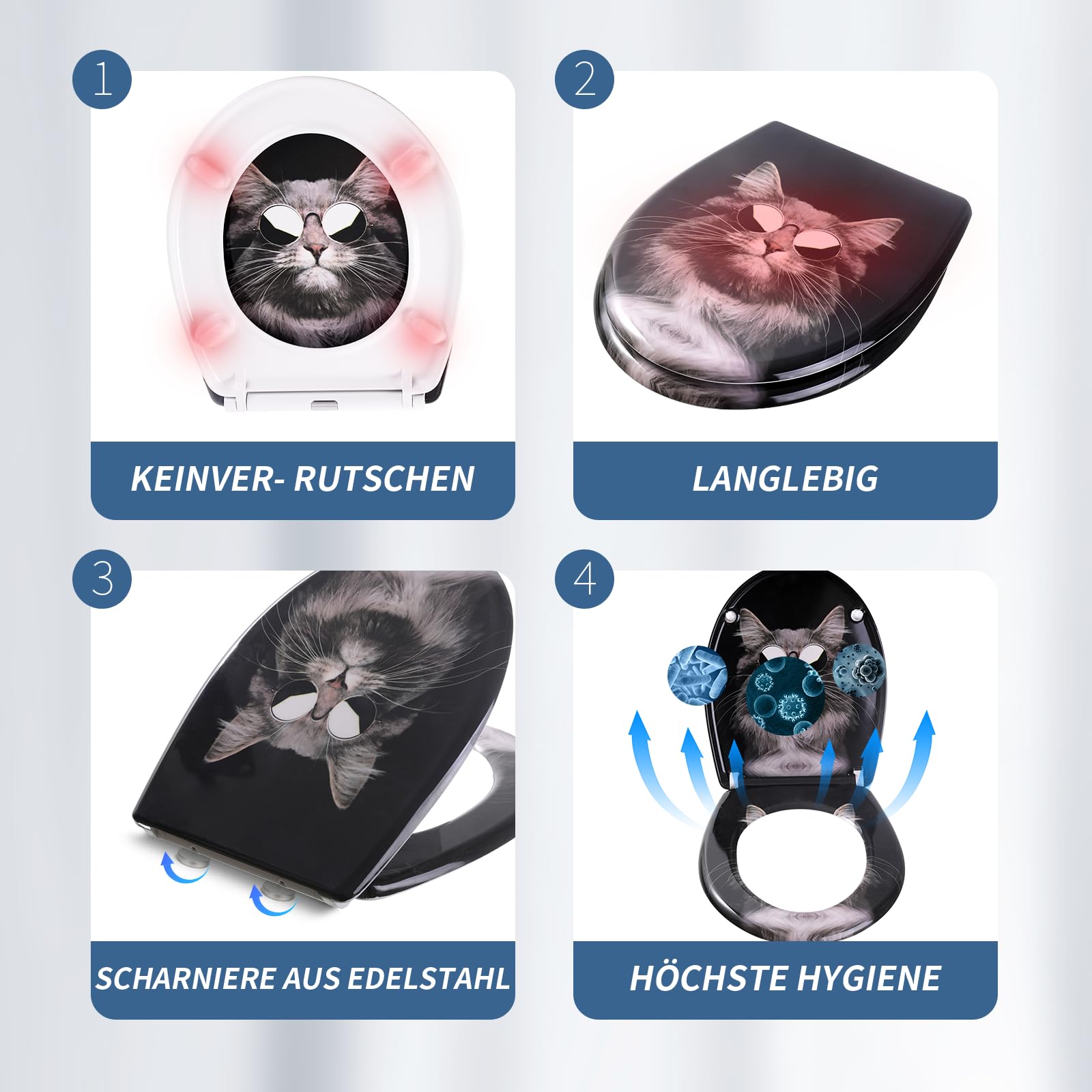 Toilettendeckel mit Absenkautomatik, WC Sitz mit Absenkautomatik Oval Form klodeckel Einfache Reinigung, Abnehmbarer WC-Sitz, 150kg belastbar, einfache Montage – Motiv: Schwarze Katze