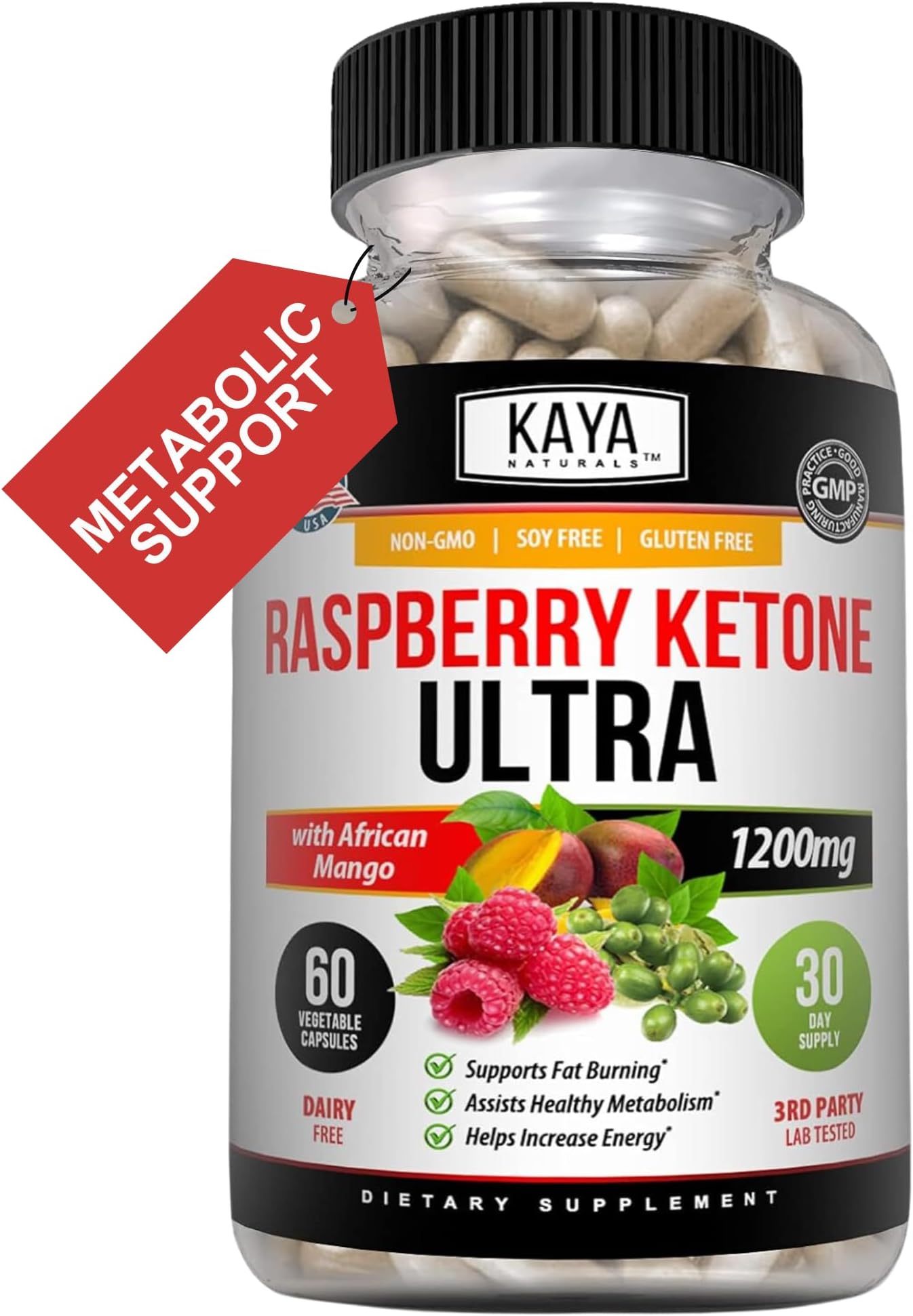 Kaya Naturals Keto Diet Raspberry Ketone - Weight Loss Supplement, Appetite Control, Boost Metabolism - 60 Count