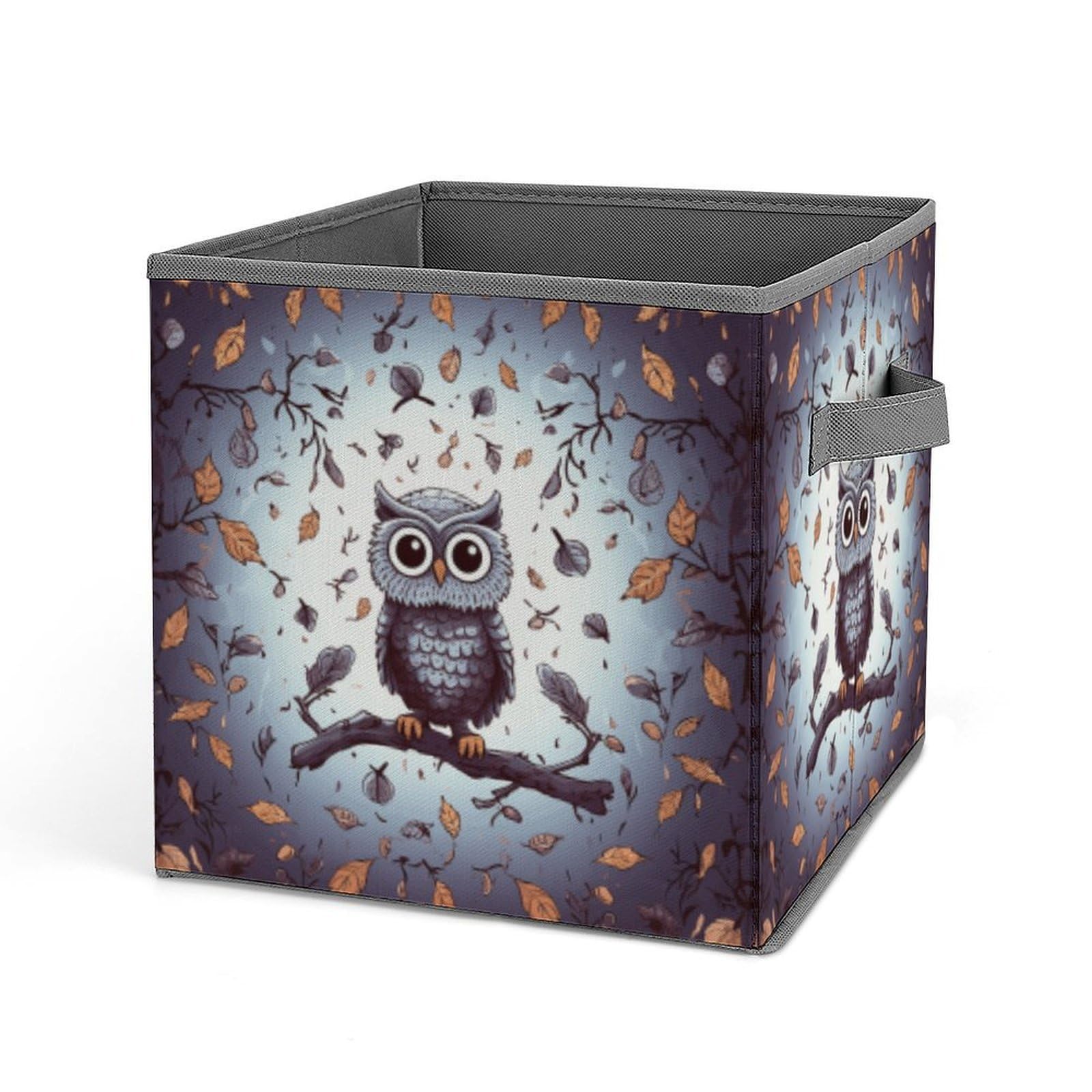 Owl Tree Branches Storage Baskets Collapsible, Exquisite Pattern Cube Box, Canvas Fabric Storage Bins with Handles, Clothe Organizer Box for Home Decorative Office Bedroom