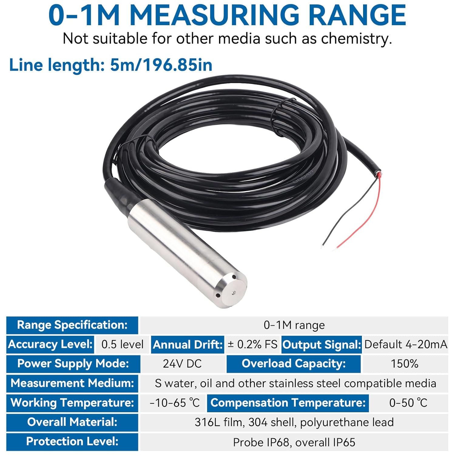 Submersible Level Sensor 4-20mA, DC24V 316L Stainless Steel Input Liquid Level Transmitter Water Level Sensor Detector 5m Cable (0-1m Measuring Range)