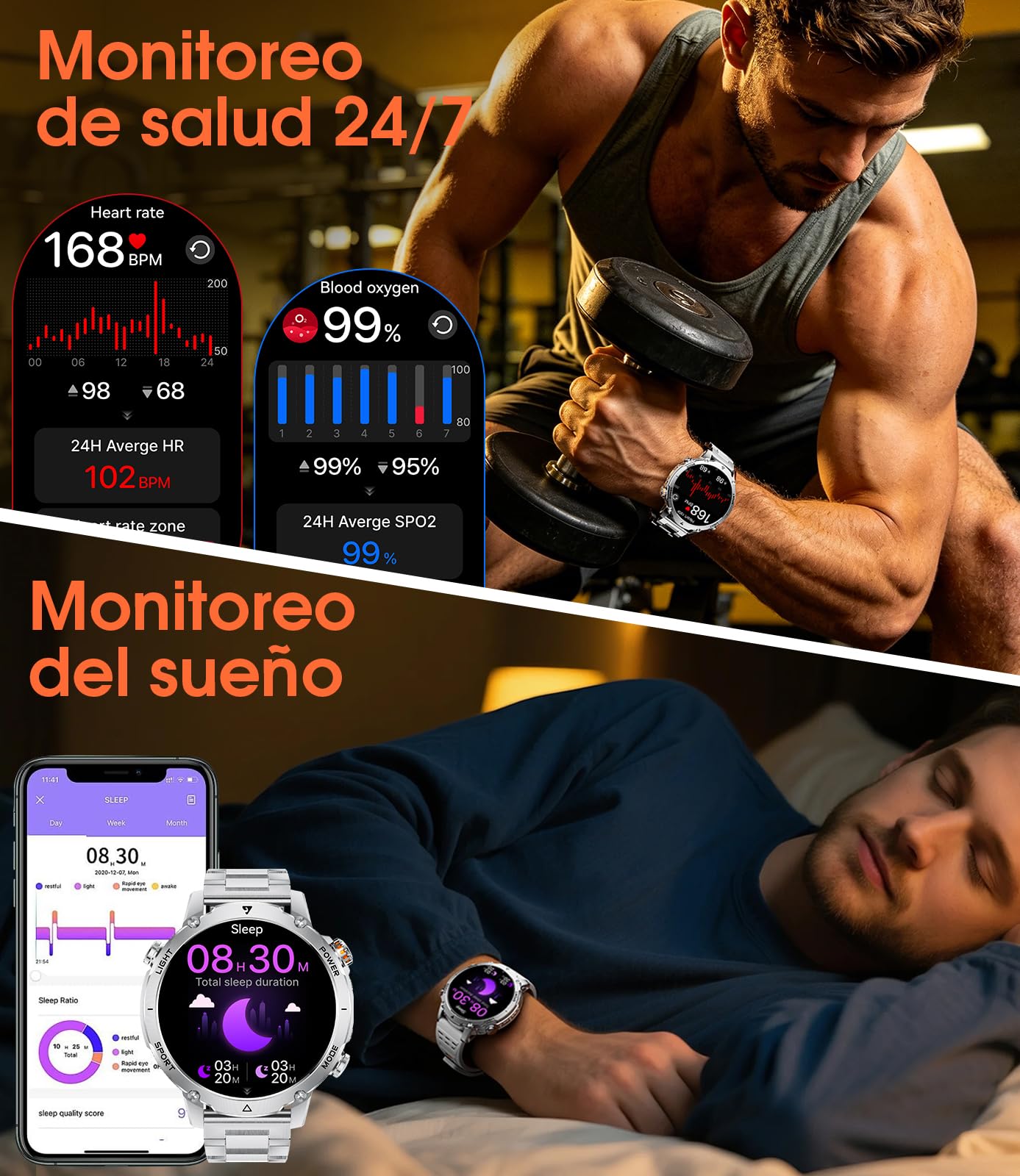 LIGE Reloj Inteligente Hombre 1400mAh Larga Duración, 1.7" Smartwatch Militar con Linterna LED, Llamadas Bluetooth, 120+ Deportes, Impermeable, Frecuencia Cardíaca,Android iOS,2 Cargadores,EF26-C