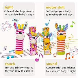PADONISE Wrist Rattles Baby Socks Baby Toys Set Soft Sensory Toys for Babies Cartoon Animal Rattles Sock Early Development Toy Baby Shower Birth Gift for Newborn Infant Baby Boy Girl 0 to 3 Years Old