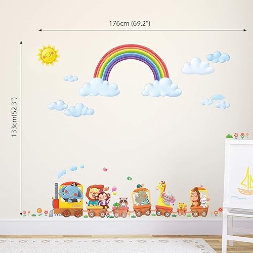 Miniatura 3 de DECOWALL DA-1913P1406A - Calcomanías de pared para niños, diseño de arco iris y tren animal, calcomanías de pared extraíbles para niños, guardería,