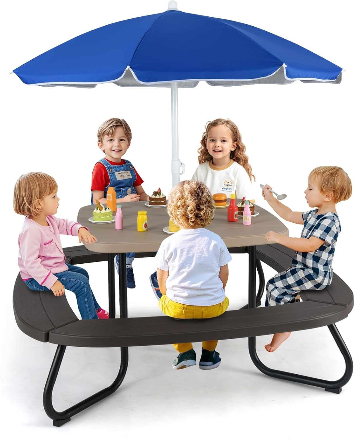8 Seat Kids Picnic Table, Kids Outdoor Table with Removable Umbrella & 4 Built-in Benches, Fits 8 Children, Indoor Outdoor Toddler Picnic Table for Backyard Lawn & Patio (Coffee+Blue)