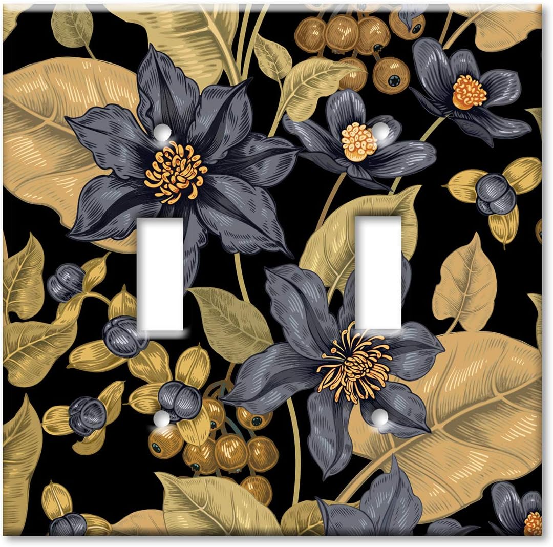 Art Plates 2-Gang Toggle OVERSIZED Switch Plate - OVER SIZE Decorative Metal Wall Plate - Black and Gold Flowers - (Made in USA)