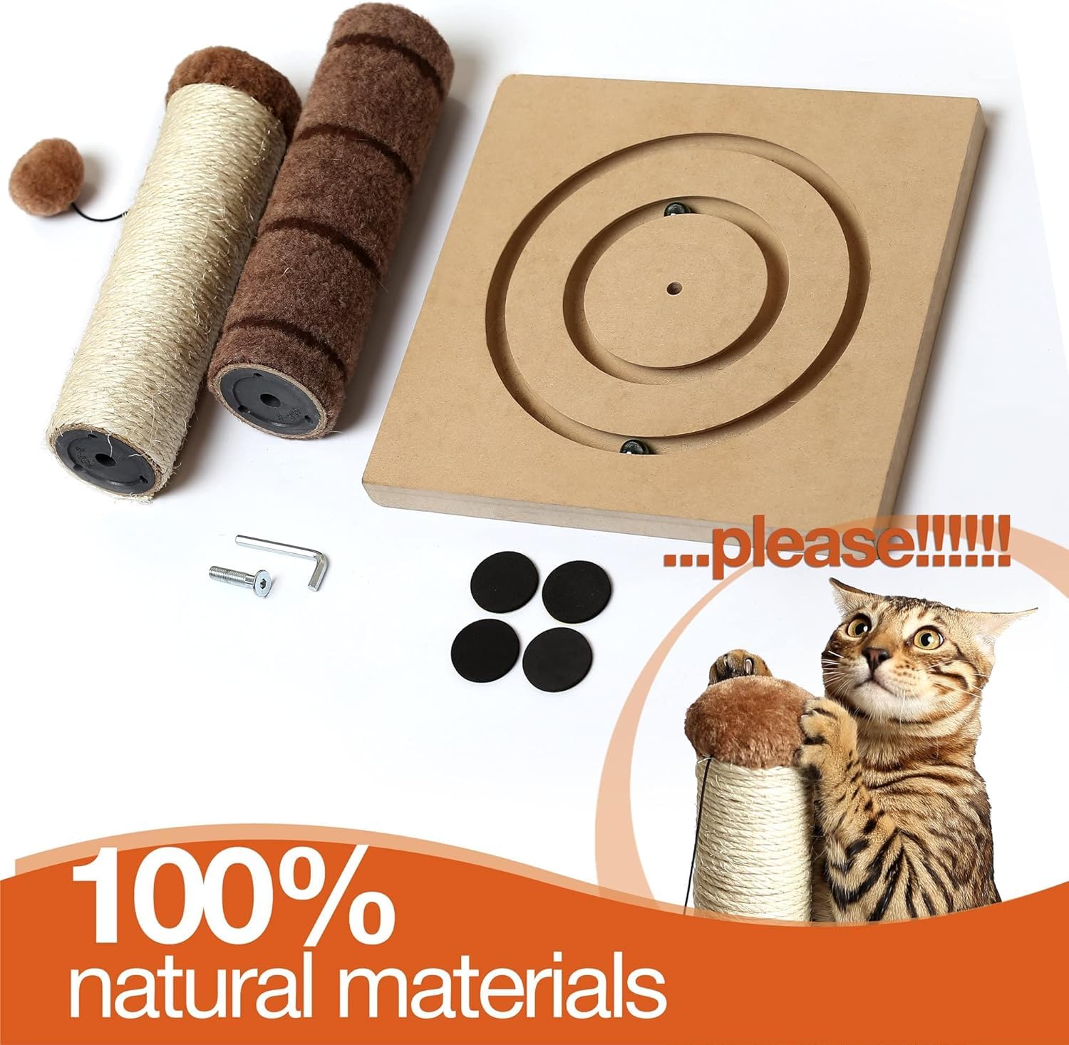 Cat Scratching Post with Toys, 22"/56CM Tall Sisal Rope Scratcher for Indoor Cats, Beige Brown Plush Wrapped Post, Stable Square Base with Circular Track Design, Easy Assembly - 4