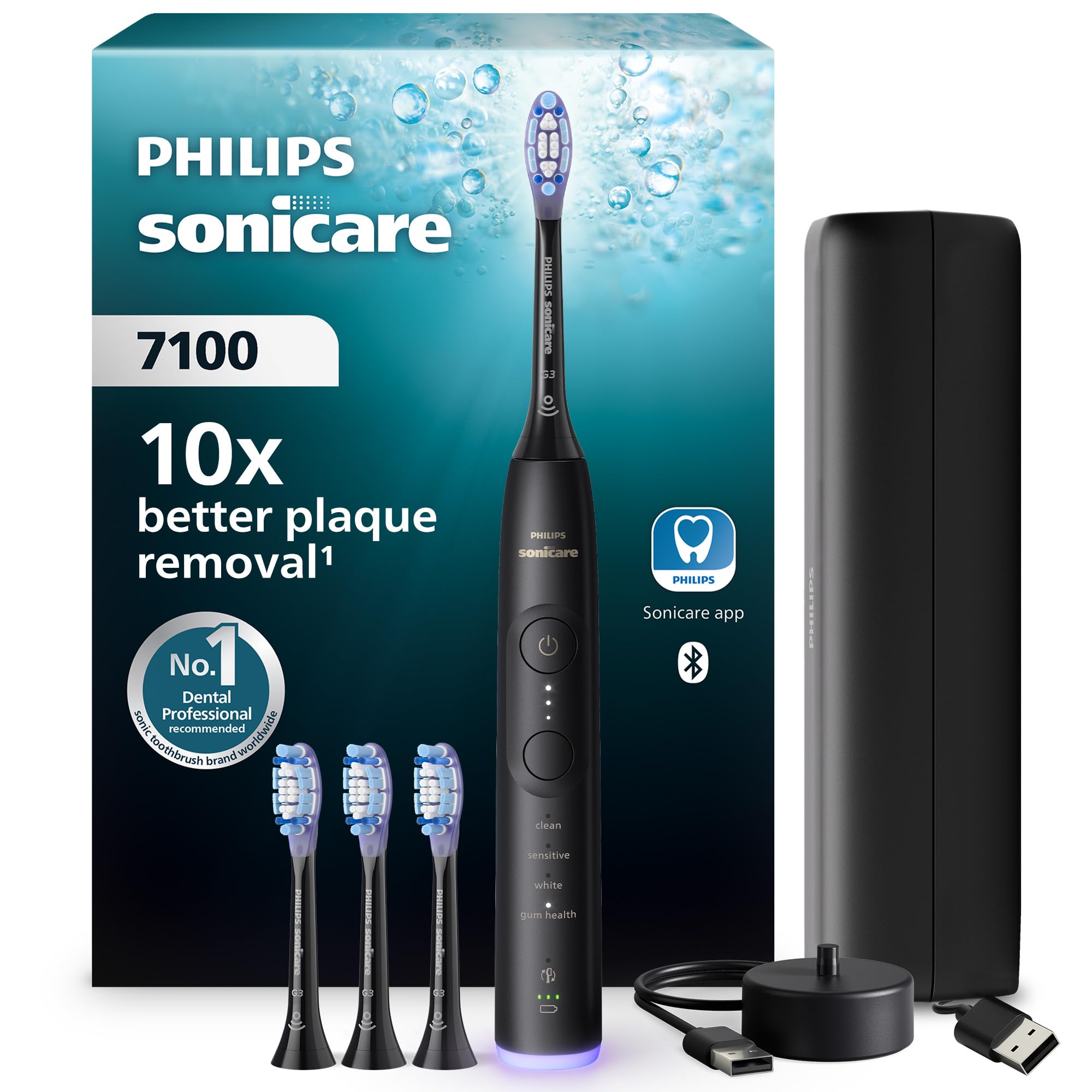 Philips Sonicare 7100 spazzolino elettrico sonico con app, 4 modalità di spazzolamento e 3 livelli di intensità, avviso di pressione, EasyStart, SmarTimer, Nero, modello HX7421/08 [Nuova tecnologia]