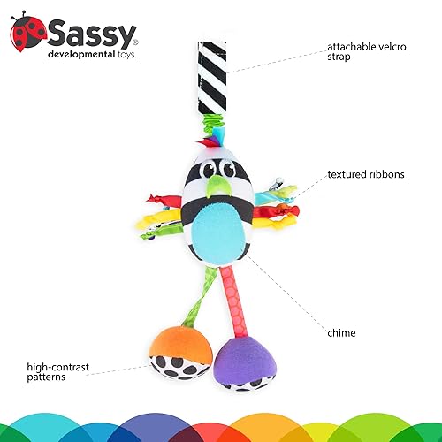 Miniatura 3 de Sassy Boppin' Birdie - Juguete de peluche de desarrollo para aprendizaje temprano, alto contraste, se fija al equipo del bebé para viajes, para