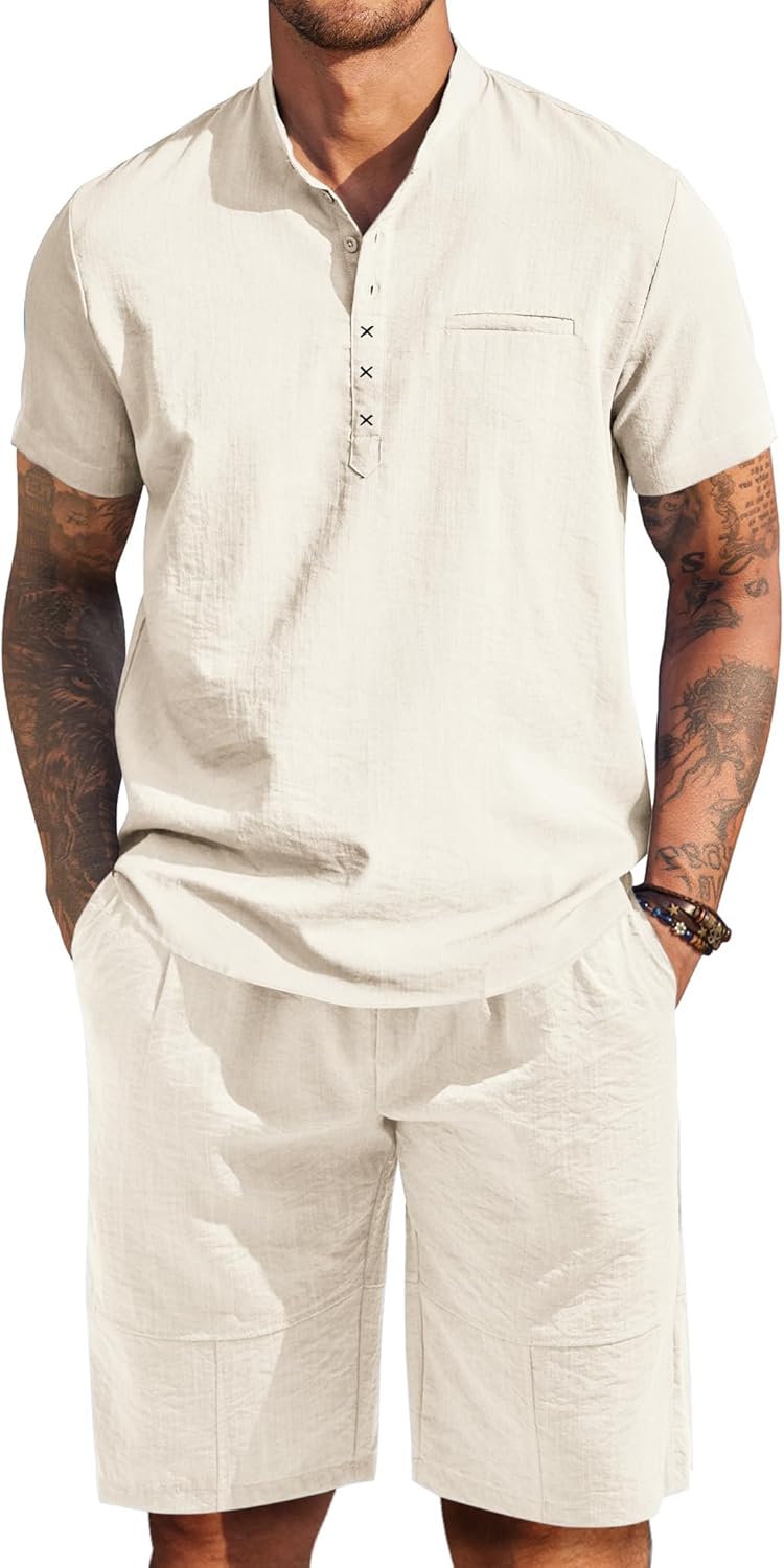 COOFANDY Linen 2-Piece Set: Short Sleeve Henley & Shorts
