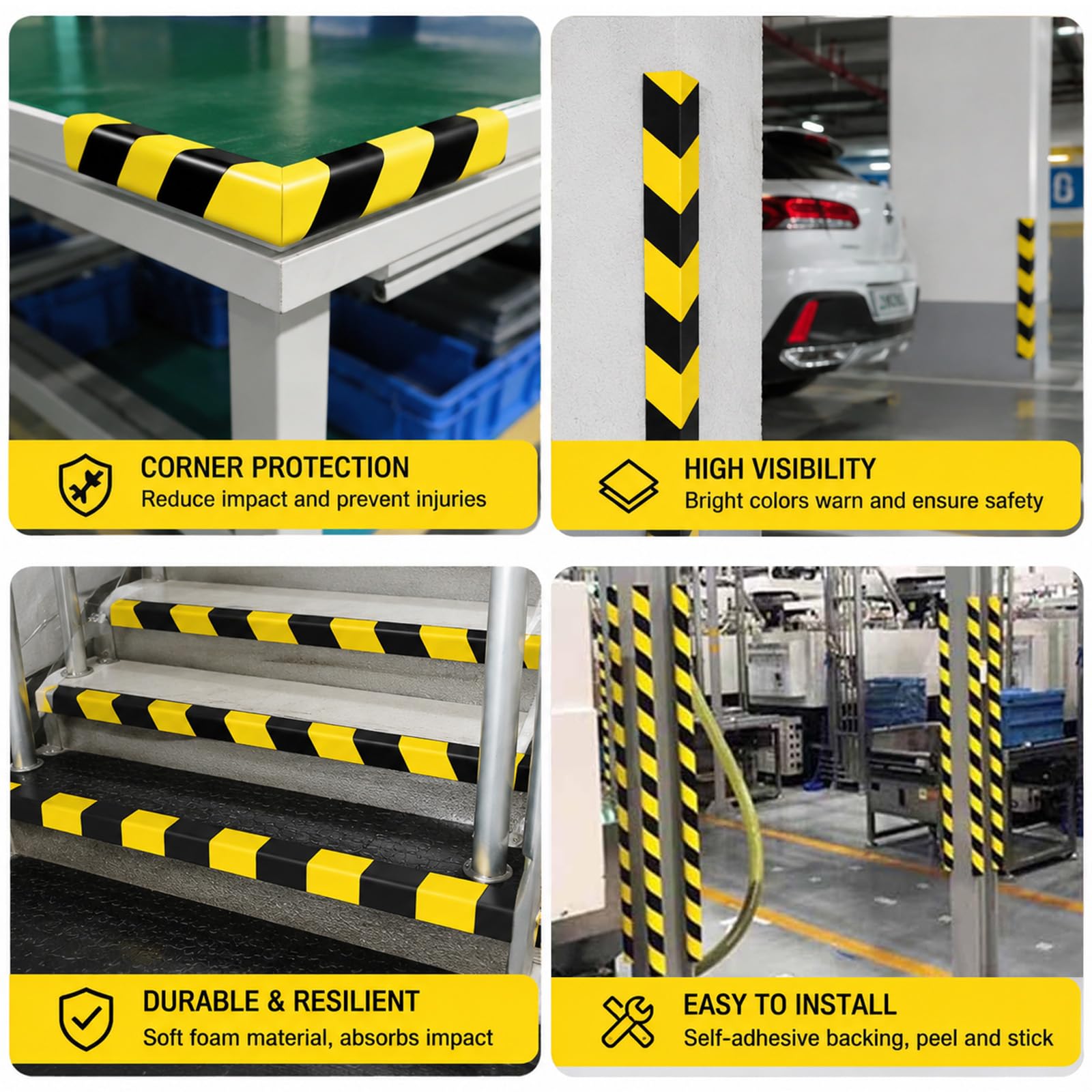 Paraspigoli autoadesivo a forma di L, 5 m, in NBR giallo e nero, protezione per bordi ammortizzante per garage, magazzino, officina, soffitti e scale