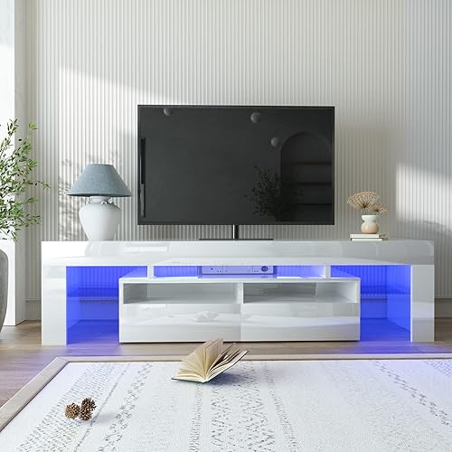 SUSSURRO LED TV Stand for 50/55/60 inch TV, Modern Gloss Entertainment Center with Drawer and Glass Open Shelf, Television Table Center Media Console for Living Room, White
