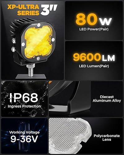 Miniatura 9 de Auxbeam Luces antiniebla LED ámbar de 3 pulgadas, 80 W, serie X-PRO de 9600 lm, luces LED de amplio alcance, reflector amplio de 120, cubiertas