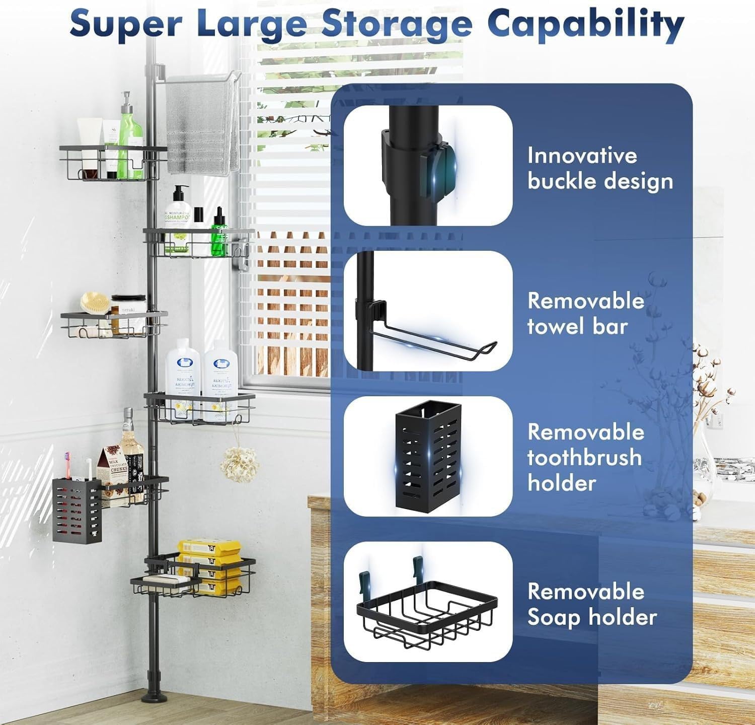 Corner Shower Caddy Tension Pole 6-Tier Bathroom Organizer with Towel Rack, Toothbrush Holder and Plastic Soap Box 30-120 Inch Adjustable Shower Rack for Inside Shower