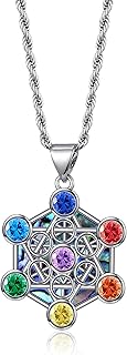 Metatron Cube Necklace Sacred Geometry Seals of Archangel Angel Pendant with 7 Chakra Abalone Shell Necklace Jewelry Gifts for Women Men