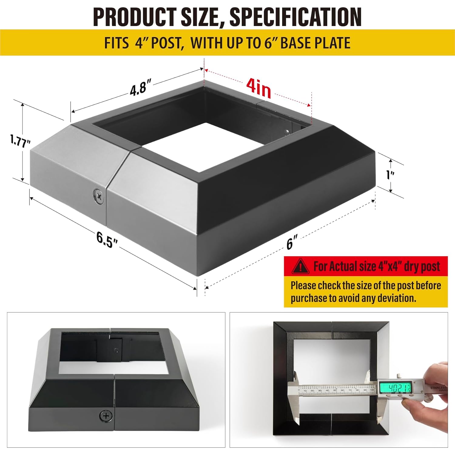 4Pack 4"x4" Aluminum Deck Post Base Cover, Split Post Cover Skirts for Deck Railings丨Stairs丨Porches Black