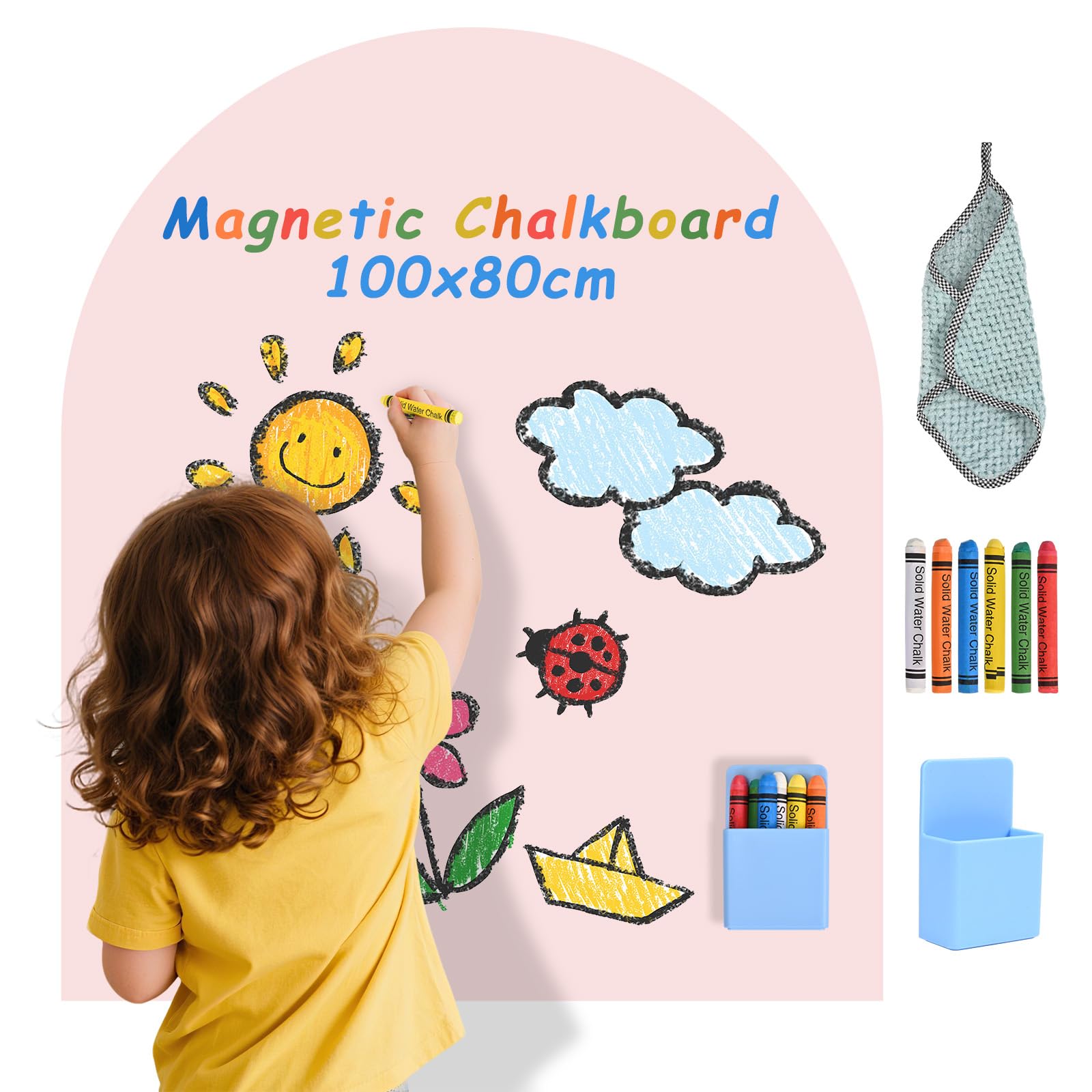 Tableau Magnétique Mural Enfant 80×100 cm - En forme d'arc - Avec couleurs pastel et craies - Tableau magnétique pour filles et garçons