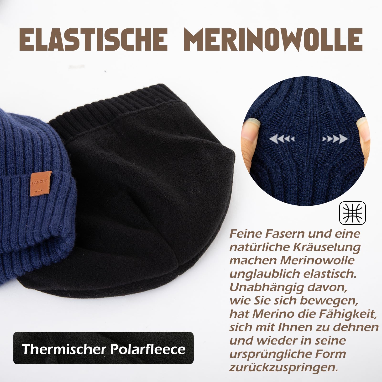 Fancet Gorro de invierno unisex 55% lana merino para caminar, golf, trabajo al aire libre, tejido de 2 capas, suave y elástico, regalos cálidos para hombres y mujeres