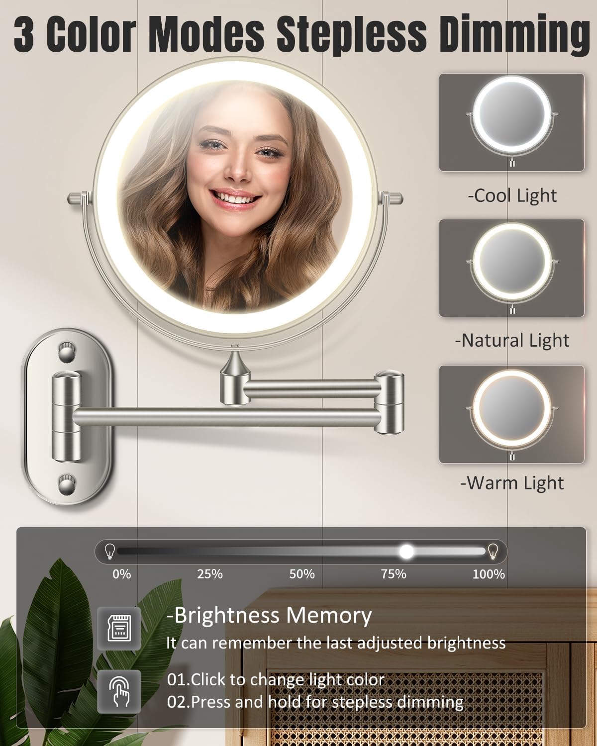 30X/1X Wall Mounted Lighted Makeup Mirror, 8'' Double Sided Rechargeable Magnifying Bathroom Mirror with Light, 3 Color Lights Touch Dimmable Extended Arm 360 Rotation Light up Mirrors - Image 3