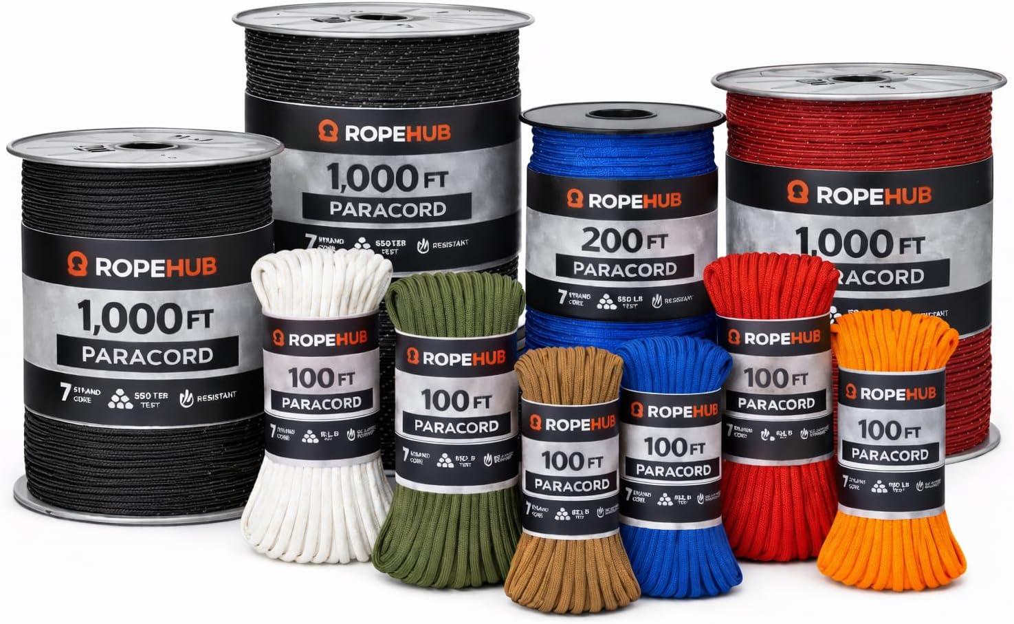 RopeHub 550 Paracord – 7 Strand Core Nylon Parachute Cord, 550 lb Test – Durable Utility Cord for Camping, Survival, DIY, Gear, Tents, Tarps – Multiple Colors & Lengths