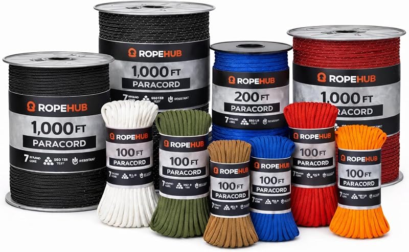 RopeHub 550 Paracord – Cordón de paracaídas de nailon con núcleo de 7 hebras, prueba de 550 lb – Cordón utilitario duradero para acampar, supervivencia, bricolaje, equipo, tiendas de campaña, lonas – Múltiples colores y longitudes